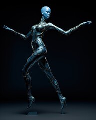 Fototapeta na wymiar Female Humanoid Ballet Dancer in Pose Feminine Android Busting Some Moves Female Robot Raving Dance Feminine Cyborg Stance