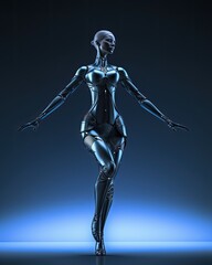 Female Humanoid Ballet Dancer in Pose 
Feminine Android Busting Some Moves 
Female Robot Raving Dance
Feminine Cyborg Stance