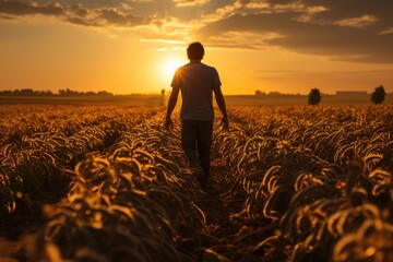 Fototapeta premium Farmer standing in a vast crop field under golden sunlight. Generative AI