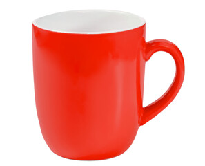 Closeup side view blank  red ceramic coffee mug mockup with handle isolated clipping path on white...