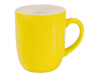 Closeup front view clean blank yellow ceramic coffee mug mockup with handle isolated clipping path on white background.