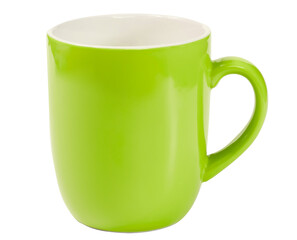 Ceramic coffee cup mockup. Colorful  bright green coffee mug with handle isolated on white background. 