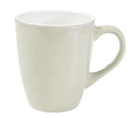 Ceramic biege coffee cup mockup with handle isolated on white.