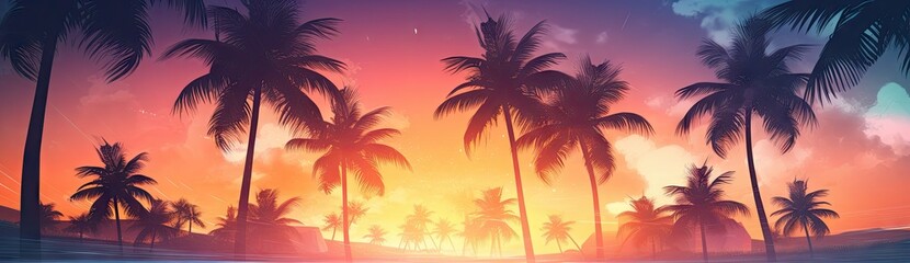 Fototapeta na wymiar summer background tropical palm trees at sunset with orange sky generative AI