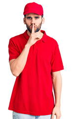 Young handsome man with beard wearing delivery uniform asking to be quiet with finger on lips. silence and secret concept.