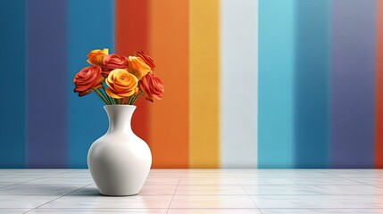  a white vase filled with red and yellow flowers on a tiled floor.  generative ai