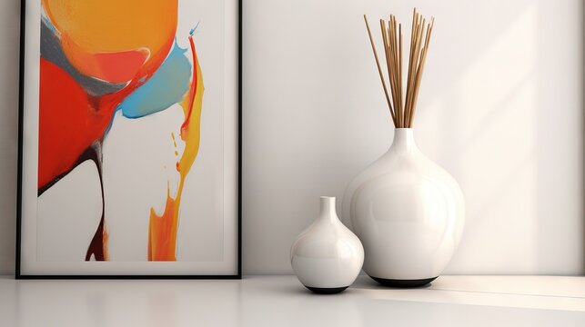  two vases with sticks in them on a shelf next to a painting.  generative ai
