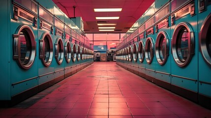 A row of industrial washing machines in a laundry room. Created with Generative Ai technology. - obrazy, fototapety, plakaty