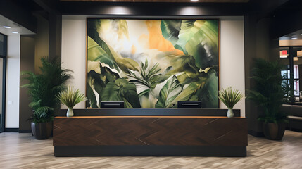 A captivating display of elegant artwork and lush greenery enhances the corporate front desk.