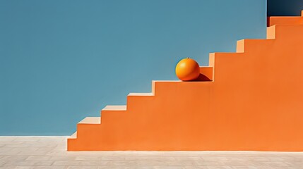  an orange ball sitting on top of a set of stairs.  generative ai