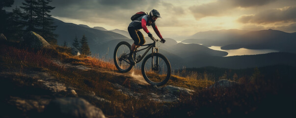 Fototapeta na wymiar cyclist riding mountain bike. wide banner or panorama photo