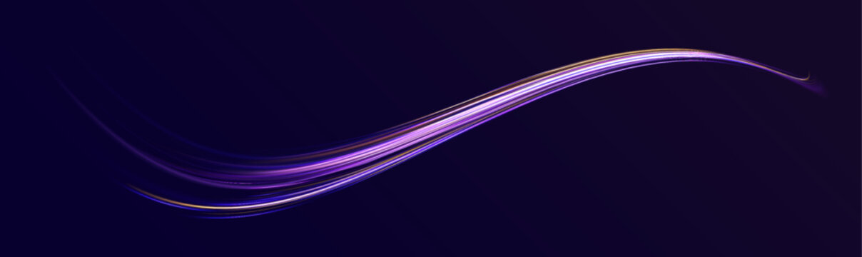Neon color glowing lines background, high-speed light trails effect. Image of speed motion on the road. Abstract background in blue and purple neon glow colors. Speed of light in galaxy. 