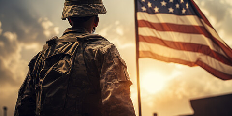 An American soldier looks at an American flag at sunset for Day of Remembrance or July 4, Day of Remembrance