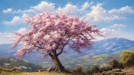  a painting of a pink tree in a mountainous area with mountains in the background.  generative ai