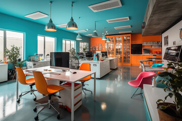 A cool pop art style office with bright flashy appliances and retro furniture. Generative AI - obrazy, fototapety, plakaty