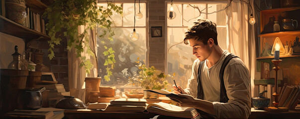 Young man reading a book in cozy room, catoon style, illustration picture.