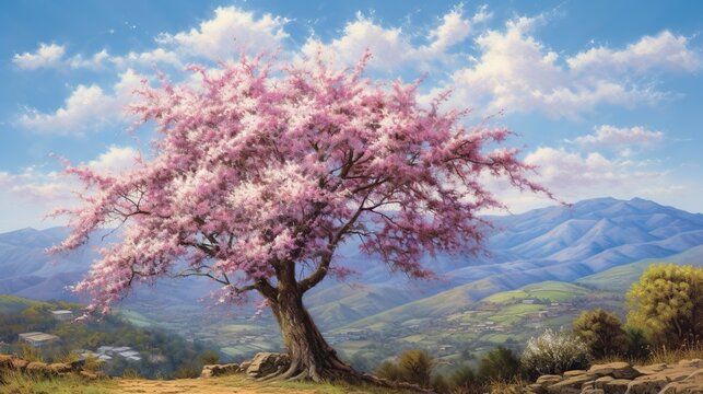  a painting of a pink tree in a mountainous area with mountains in the background.  generative ai