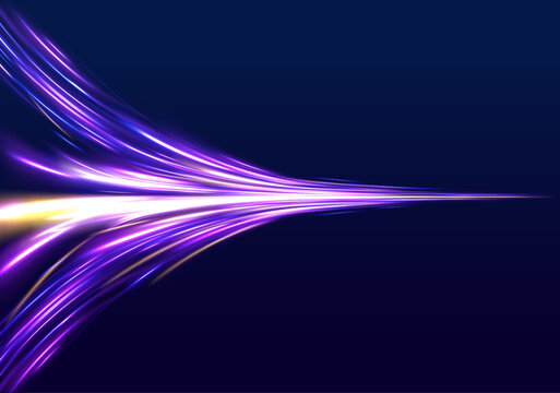 The effect of speed on a blue background. Abstract light lines of movement and speed with white color glitters. Image of speed motion on the road. 