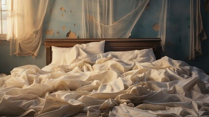 Fototapeta na wymiar a bed with a white comforter and a wooden headboard. generative ai