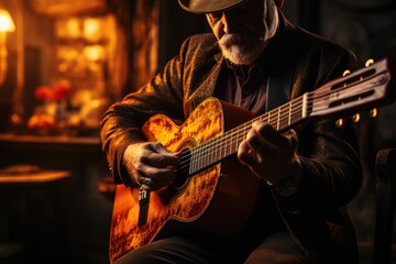 Obraz na płótnie Canvas A musician tuning his vintage acoustic guitar in warm light. Generative AI