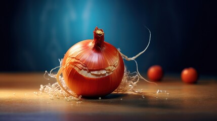  an onion with a face drawn on it sitting on a table.  generative ai