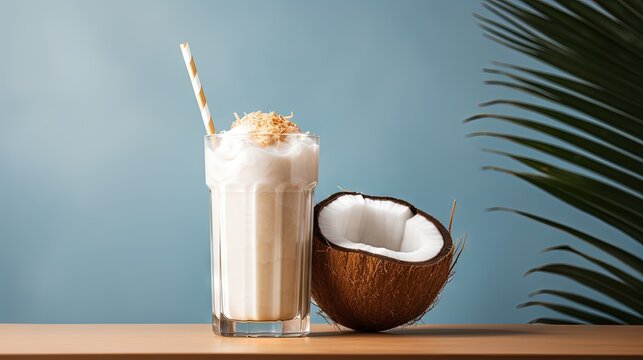  a glass of milkshake next to a coconut on a table.  generative ai