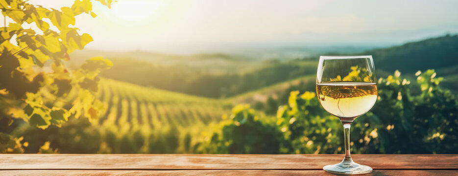 Empty wood table top with a glass of wine on blurred vineyard landscape background, for display or montage your products. Agriculture winery and wine tasting concept, digital ai