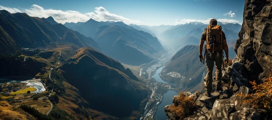 Mountaineer on a steep cliff with stunning view of the mountains in the background. Generative AI