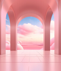 Abstract futuristic metaverse background with sky and columns in pink tones.
