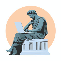 ancient stone greek statue working on laptop vector isolated illustration