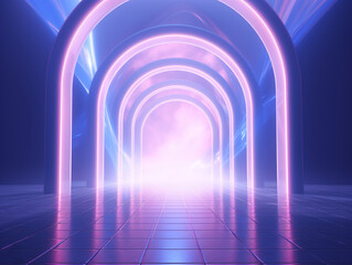 Abstract futuristic metaverse background with corridor  in pink and purple tones.