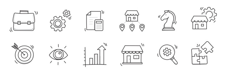 Business sme doodle icon set. Small, medium enterprise business hand drawn doodle sketch style icon. Local partnership, economic strategy, franchise concept. Vector illustration.