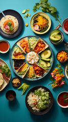 An international feast from above, a unifying spread of sushi, pasta, and tacos on a vibrant...
