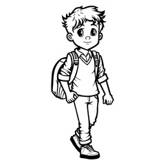 Boy with backpack coloring page. Back to school concept. Vector illustration
