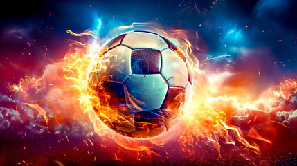 football ball in a colorful explosion of fire energy and movement, sports performance, made with Generative AI