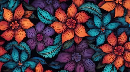 Obraz na płótnie Canvas a bunch of flowers that are on a black background with orange, blue, and purple flowers. generative ai