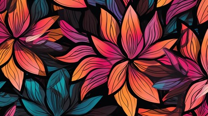 Obraz na płótnie Canvas a bunch of flowers that are on a black background with red, orange, and blue leaves. generative ai