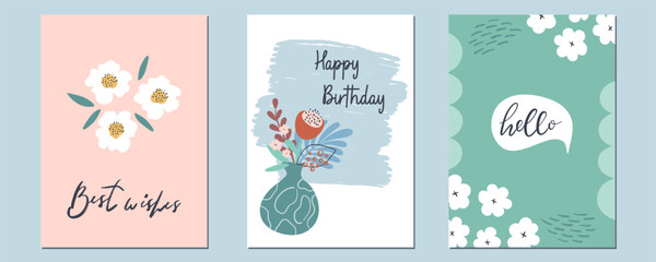 Set of cute flower greeting cards. Vector illustrations with boho style naive tropical flower bouquets. Modern Summer backgrounds.