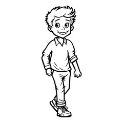 Happy Boy waking coloring page. Back to school concept. Vector illustration
