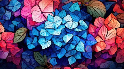  a bunch of colorful flowers with leaves on a black background.  generative ai