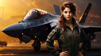 Beautiful woman Pilot in front of stealth fighter plane - obrazy, fototapety, plakaty