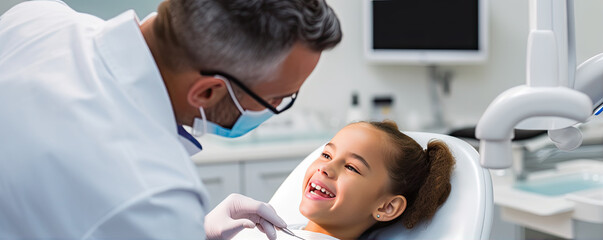 Woman having teeth examined at professional dentists.