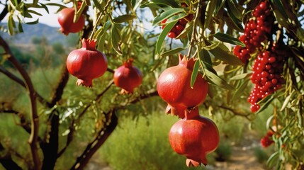  a bunch of pomegranates hanging from a tree.  generative ai