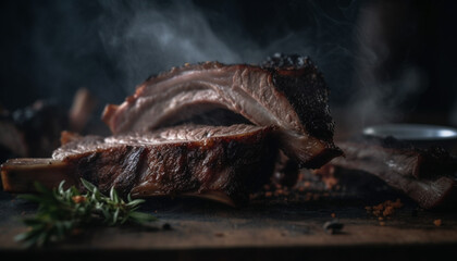 Obraz premium Grilled pork steak on rustic plate, ready to eat generated by AI