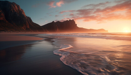 Sunrise over majestic mountain, tranquil waters reflect generated by AI