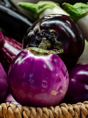 Variety of eggplant vegetables, white, graffiti, purple, round eggplant Violet