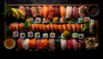 Fototapeta premium Fresh seafood meal, rolled up with rice generated by AI