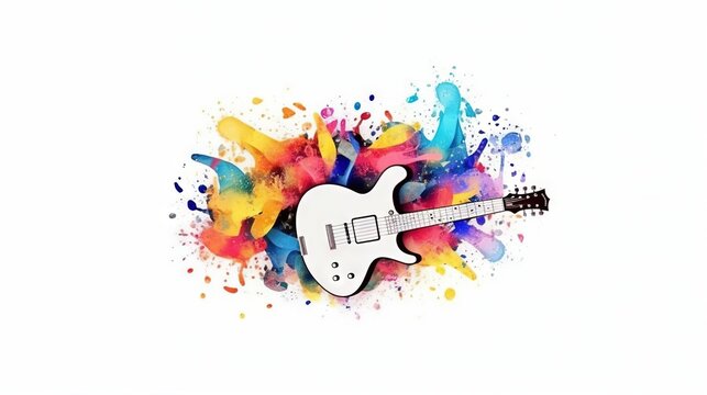  a white guitar with colorful paint splatters around it.  generative ai