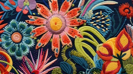  a close up of a colorful embroidered piece of cloth with flowers.  generative ai - obrazy, fototapety, plakaty