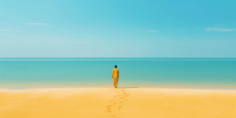Karibischer heller Sand Strand mit hellblau türkisen Meer und blauen Himmel mit Mensch stehend  - Mit Platz für Text oder Produkt